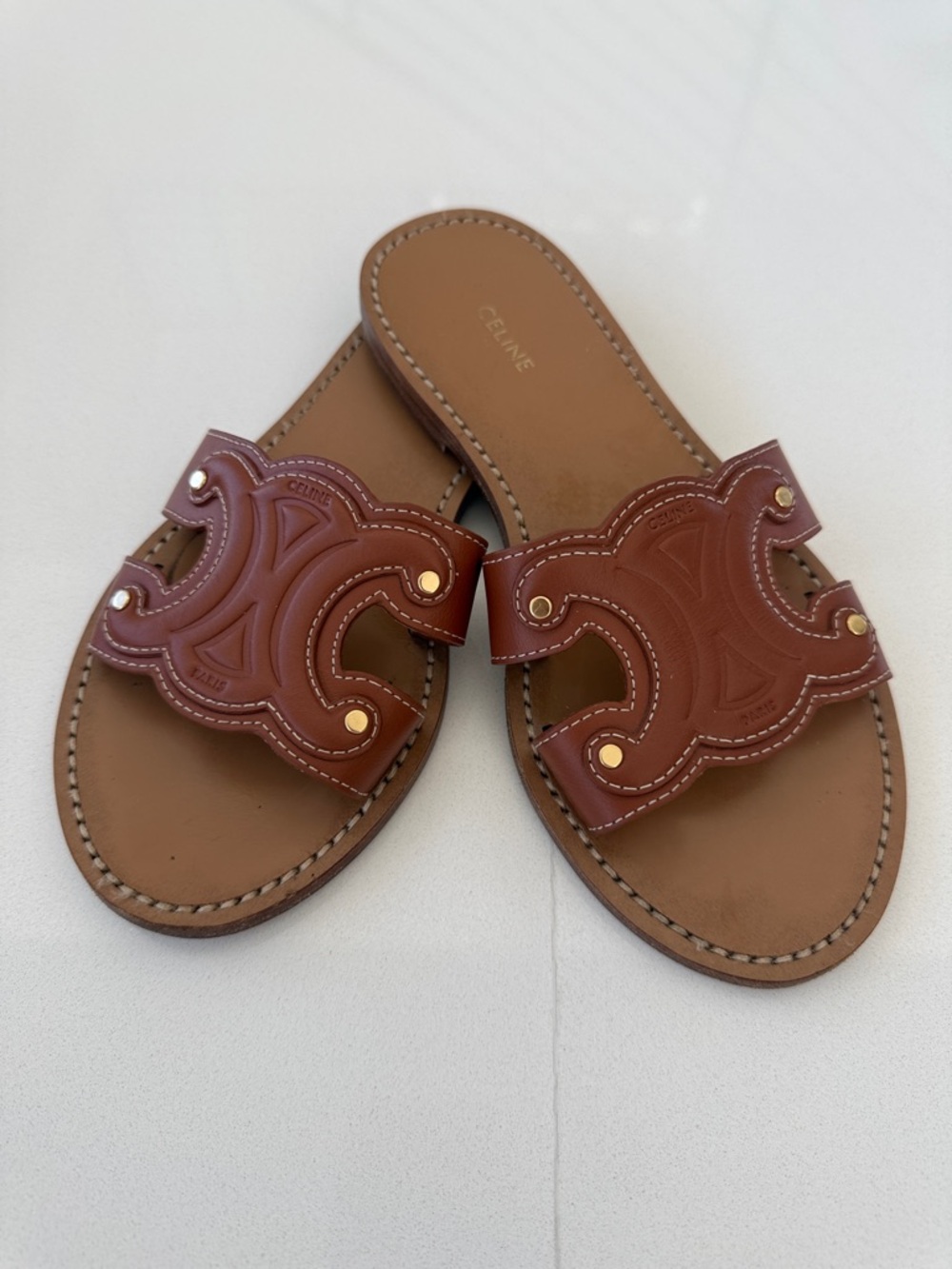 Celine Tan Brown Leather Logo Slide Sandals with Gold Studs